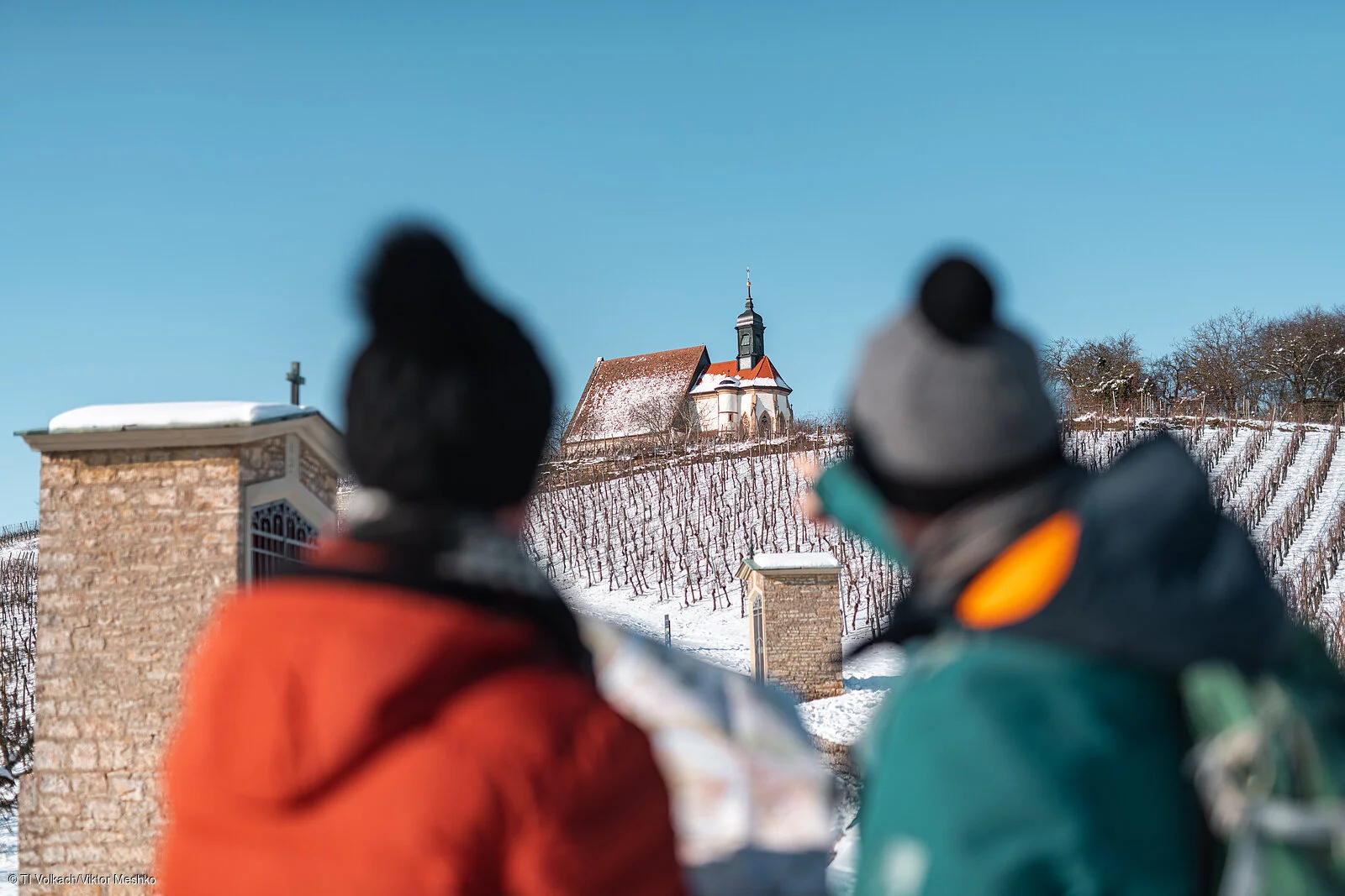 Wandern in den winterlichen Weinbergen an der Volkacher Mainschleife